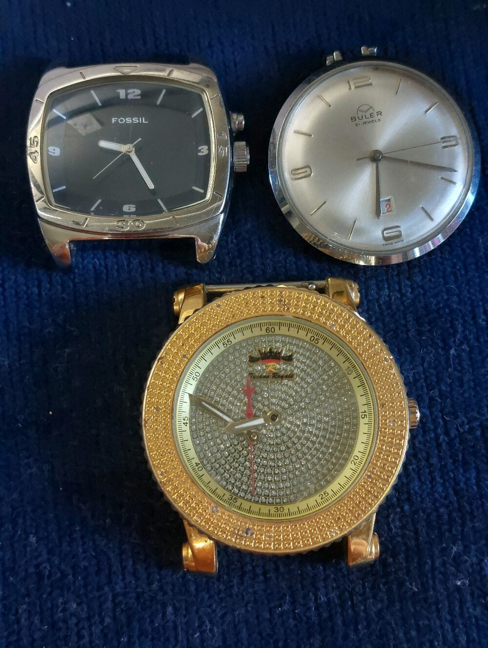 3-Pc Watch Repair & Craft Lot - Vintage Swiss Buler, Fossil & Gold Techno Royale